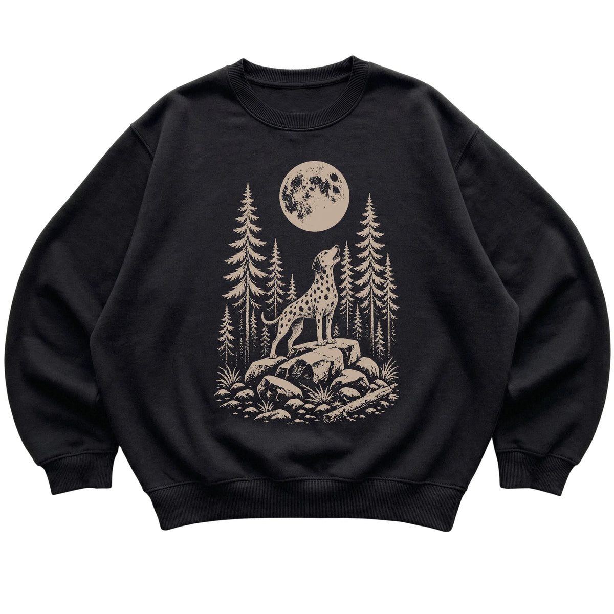 Close view of Dalmatian Howling at the Moon artwork on Black crewneck sweatshirt