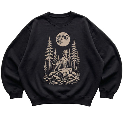 Close view of Dalmatian Howling at the Moon artwork on Black crewneck sweatshirt