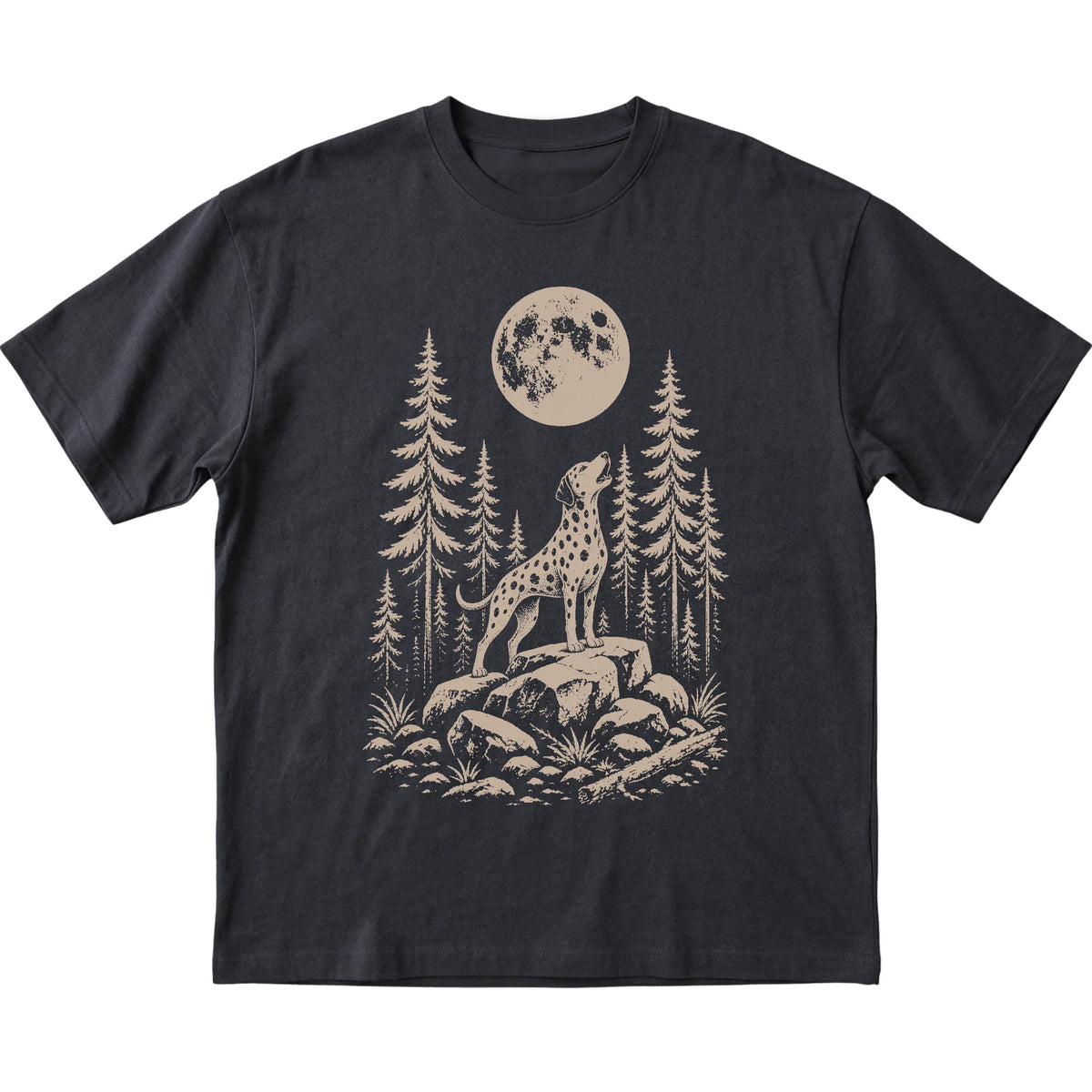 Close view of Dalmatian Howling at the Moon artwork on Black softstyle T-shirt