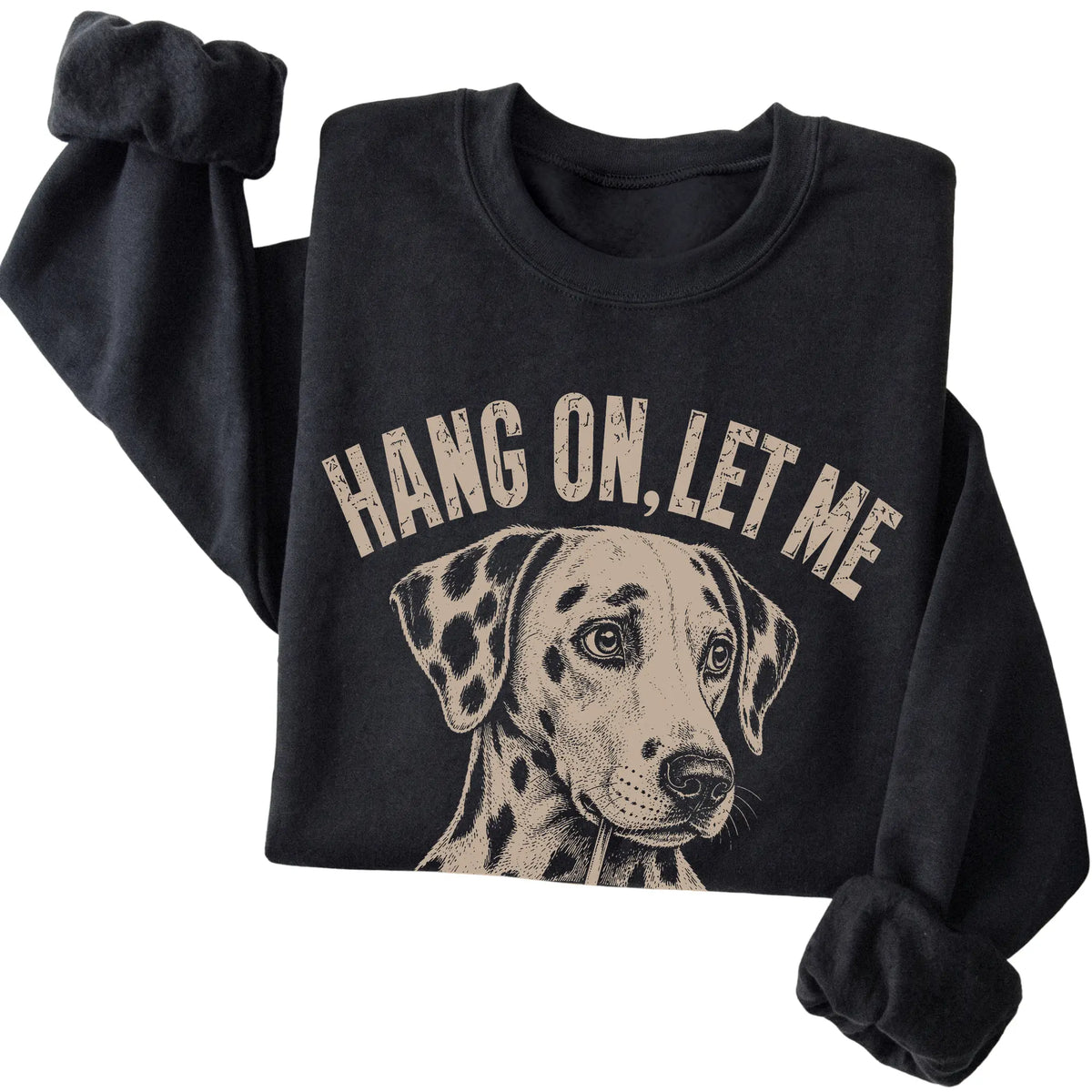 Black crewneck sweatshirt featuring Overthinking Dalmatian, folded presentation