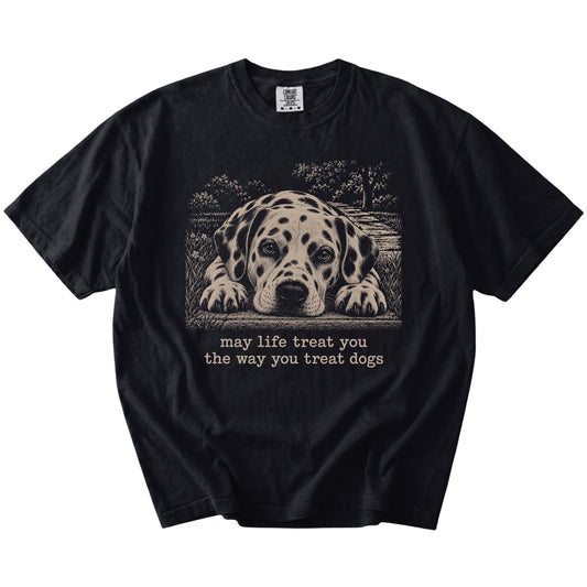 Dalmatian Karma Comfort Colors T-shirt in Black — Flat Lay