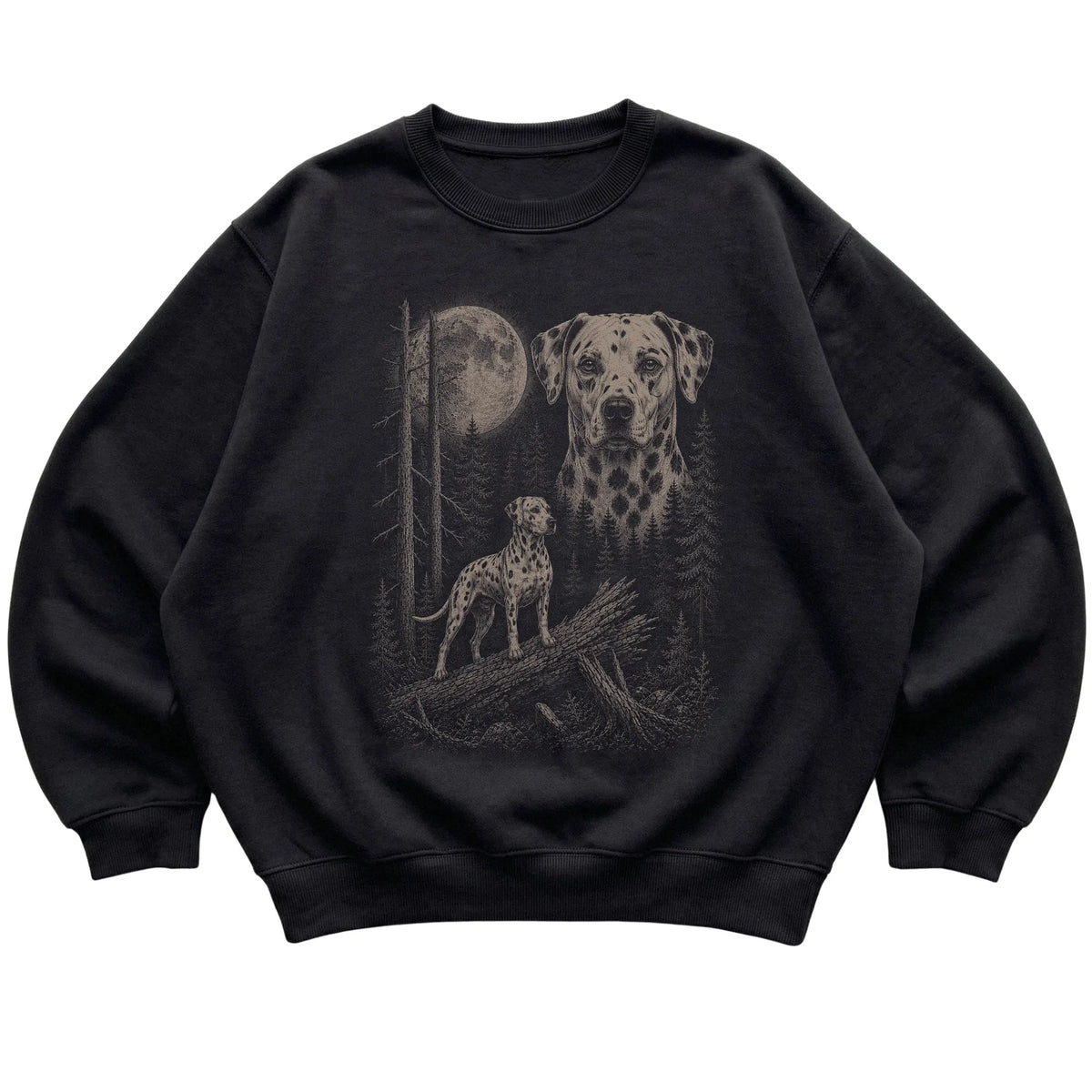 Dalmatian Moonlit Forest graphic on a black crewneck sweatshirt laid flat