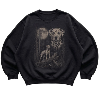 Dalmatian Moonlit Forest graphic on a black crewneck sweatshirt laid flat
