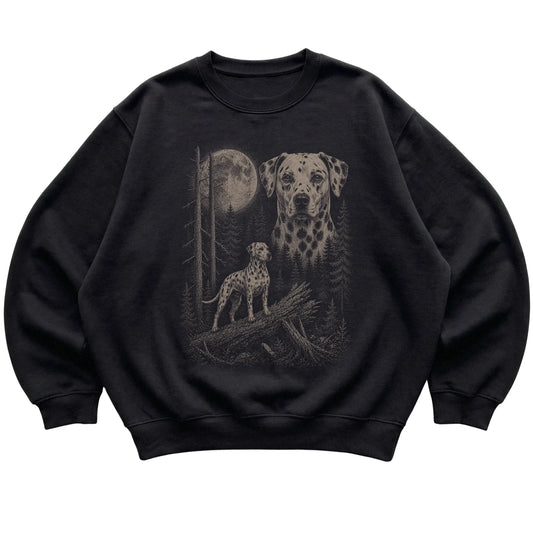 Dalmatian Moonlit Forest graphic on a black crewneck sweatshirt laid flat