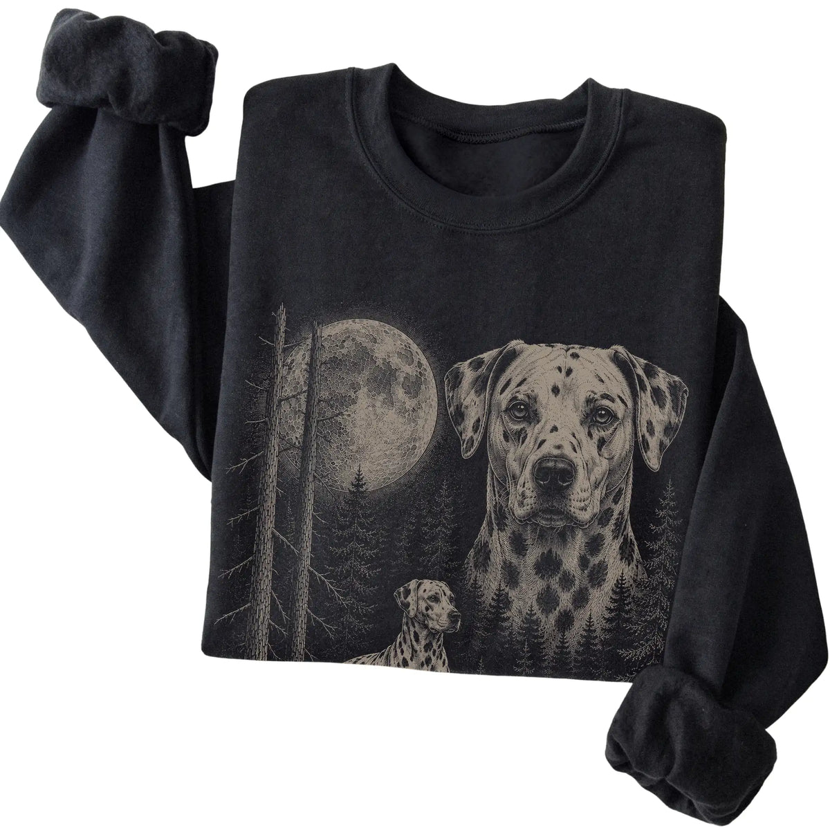 Folded black crewneck sweatshirt showing the Dalmatian Moonlit Forest graphic