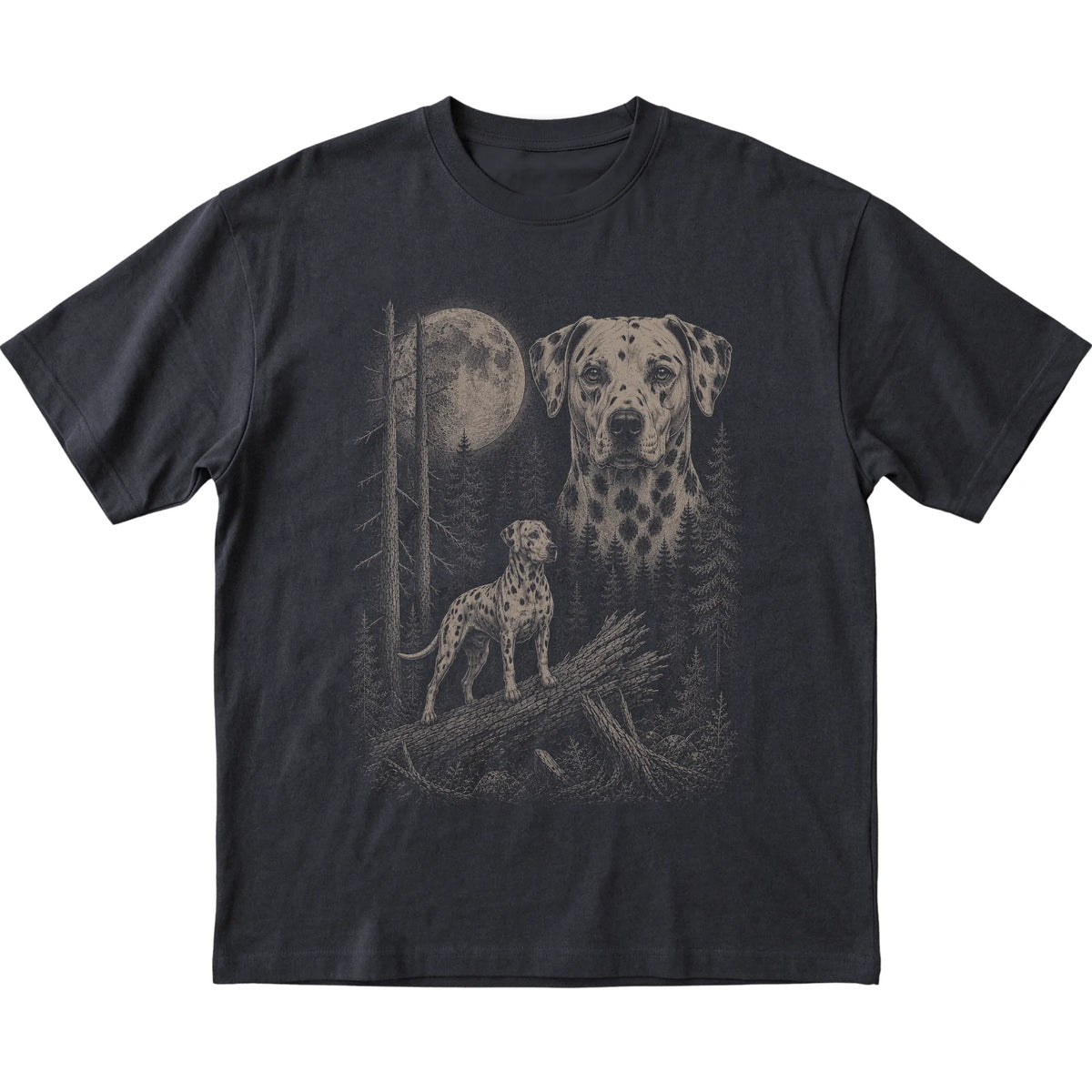 Dalmatian Moonlit Forest graphic on a black Softstyle T-shirt laid flat
