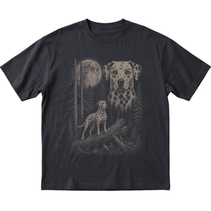 Dalmatian Moonlit Forest graphic on a black Softstyle T-shirt laid flat