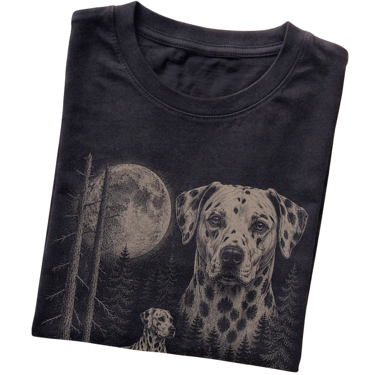 Folded black Softstyle T-shirt showing the Dalmatian Moonlit Forest graphic