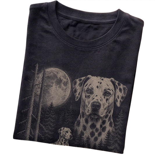 Folded black Softstyle T-shirt showing the Dalmatian Moonlit Forest graphic