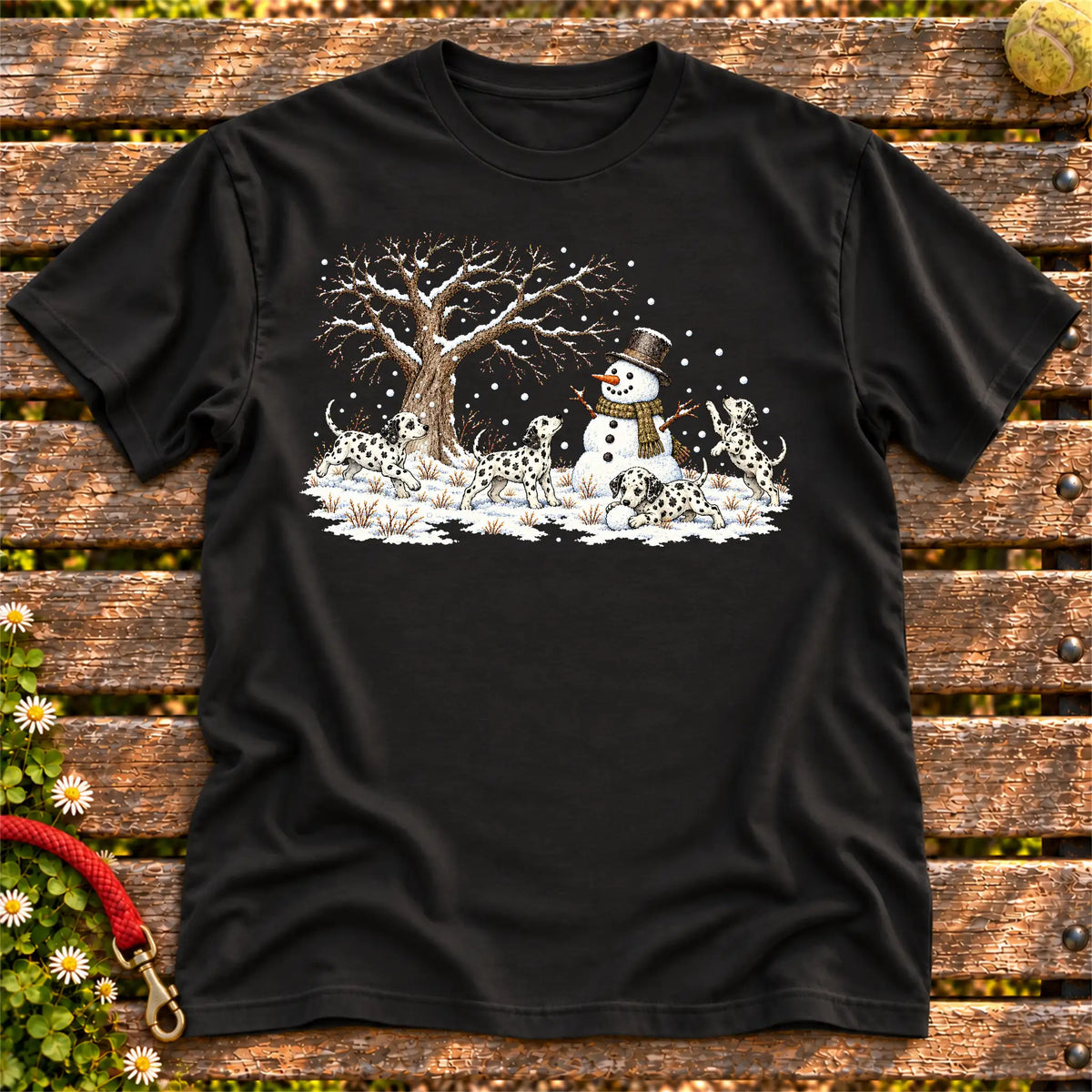 Dalmatian puppies playing in snow with a snowman on a Black T-shirt