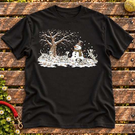 Dalmatian puppies playing in snow with a snowman on a Black T-shirt