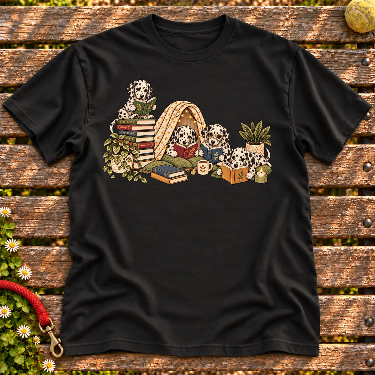 Dalmatian puppies reading books in a cozy blanket fort on a Black T-shirt