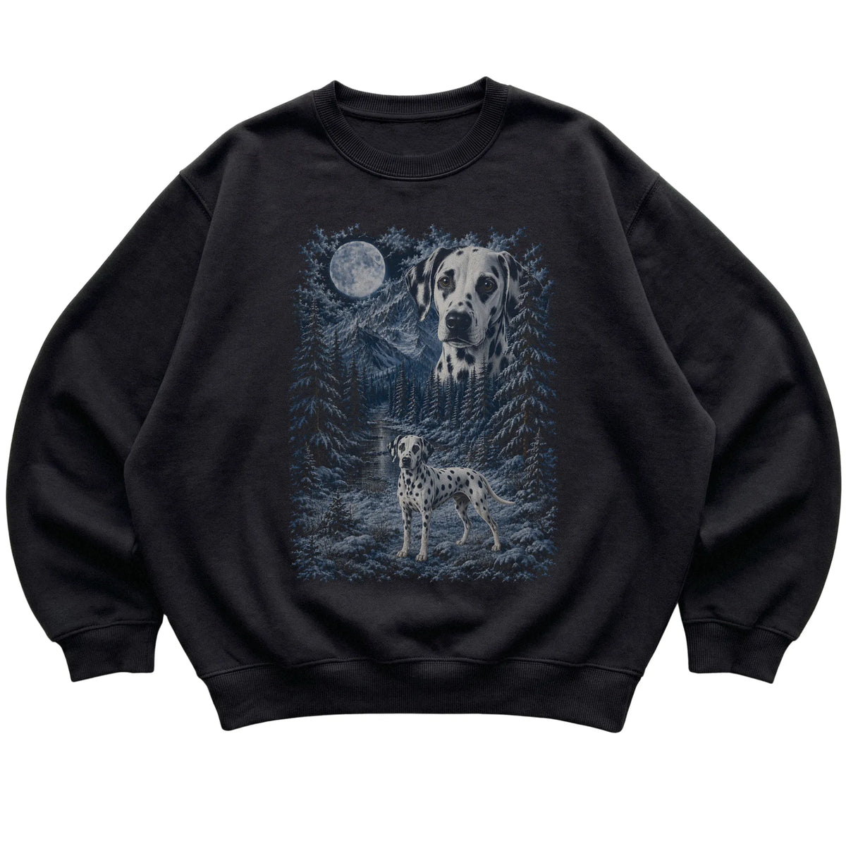 black sweatshirt with Dalmatian Winter Moon artwork.