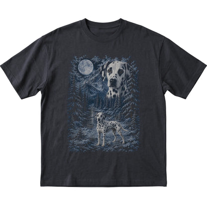 black T-shirt with Dalmatian Winter Moon artwork.