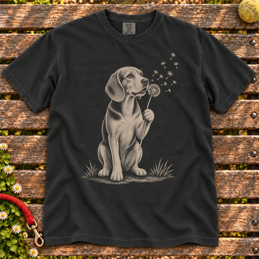 Dandelion Beagle design on a Black Comfort Colors T-shirt, shown flat