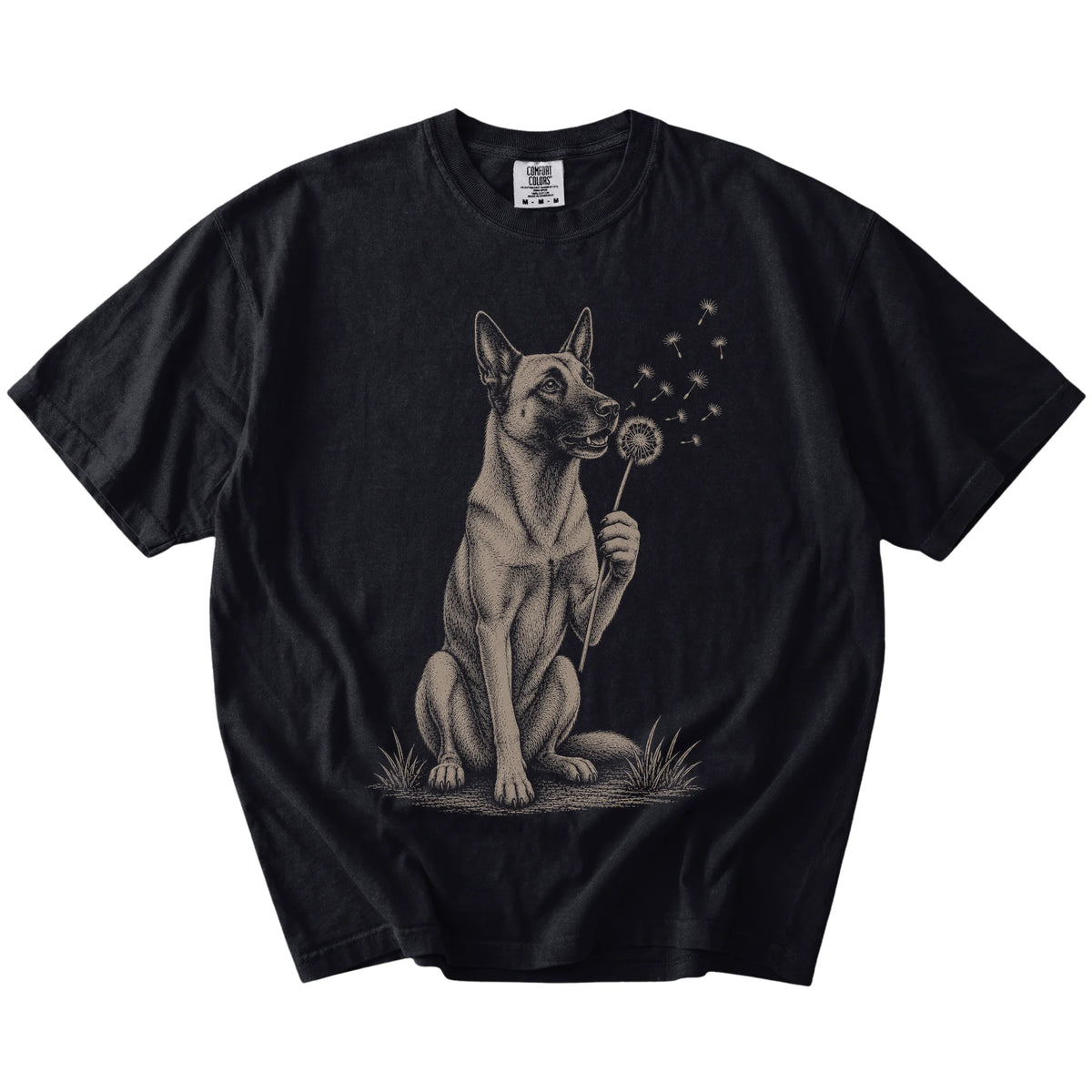 Belgian Malinois portrait with drifting dandelion seeds on a Black Comfort Colors® T-shirt