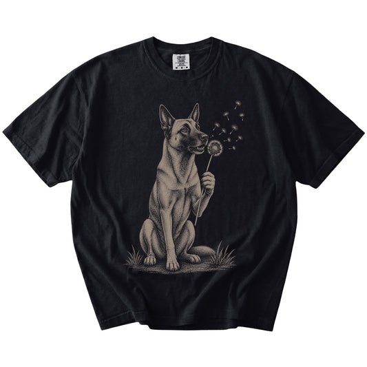 Belgian Malinois portrait with drifting dandelion seeds on a Black Comfort Colors® T-shirt
