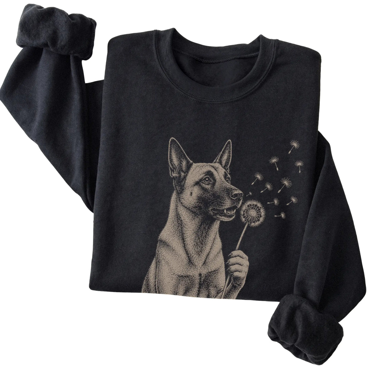 Black crewneck sweatshirt featuring Dandelion Belgian Malinois, folded presentation
