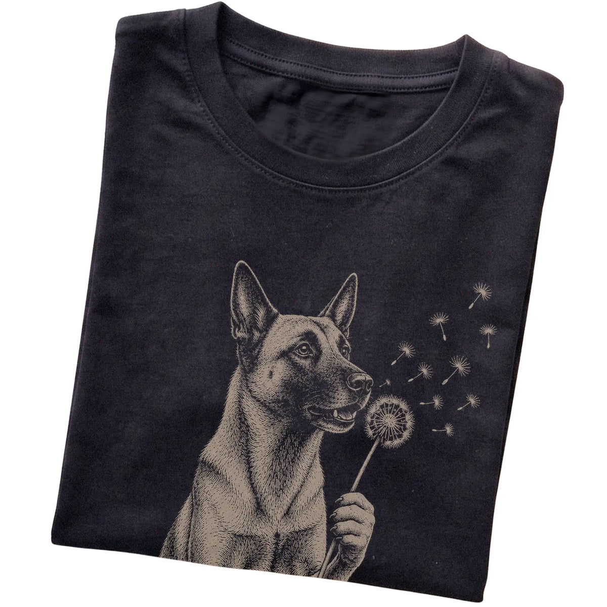 Black T-shirt featuring Dandelion Belgian Malinois, folded presentation