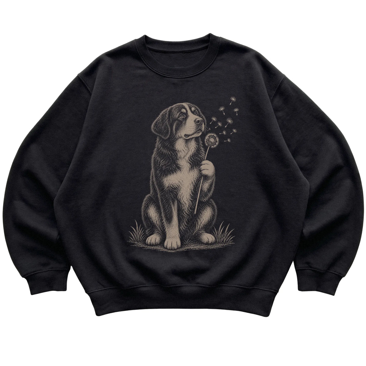 Black crewneck sweatshirt featuring Dandelion Bernese Mountain Dog, laid-flat presentation