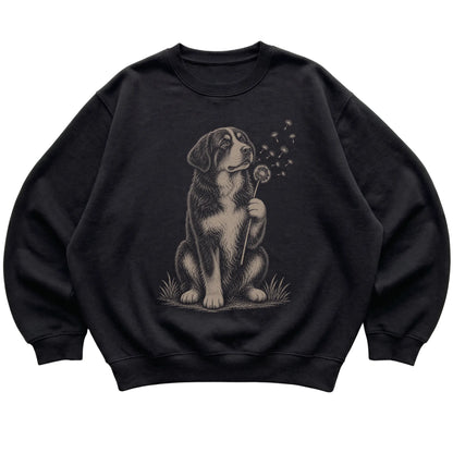 Black crewneck sweatshirt featuring Dandelion Bernese Mountain Dog, laid-flat presentation