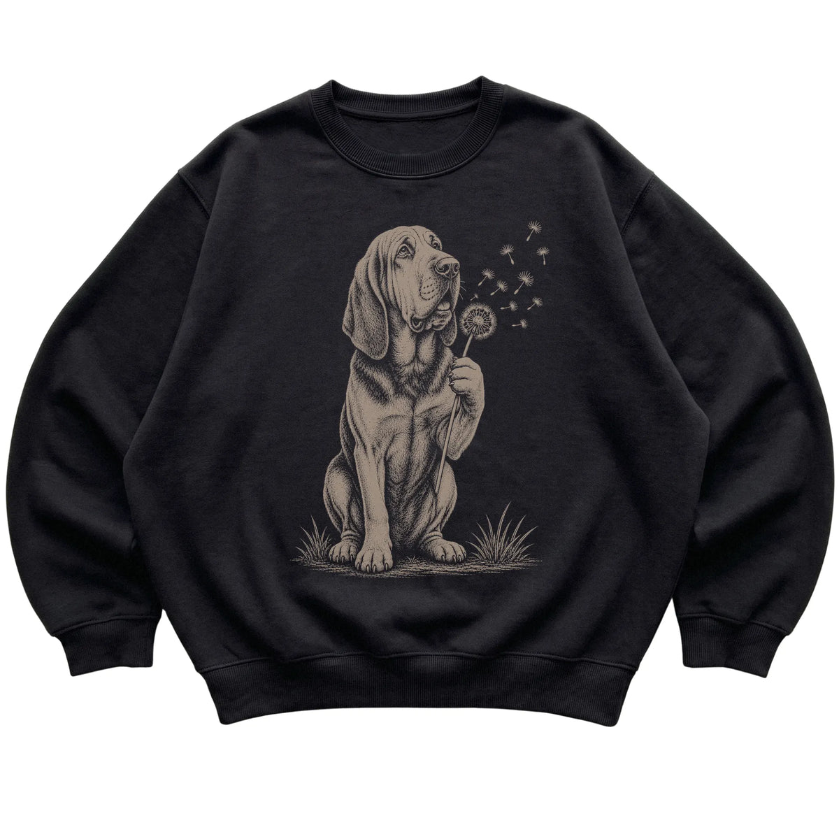 Black crewneck sweatshirt featuring Dandelion Bloodhound, laid-flat presentation