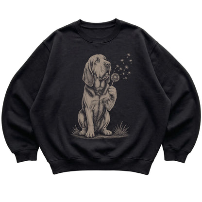 Black crewneck sweatshirt featuring Dandelion Bloodhound, laid-flat presentation