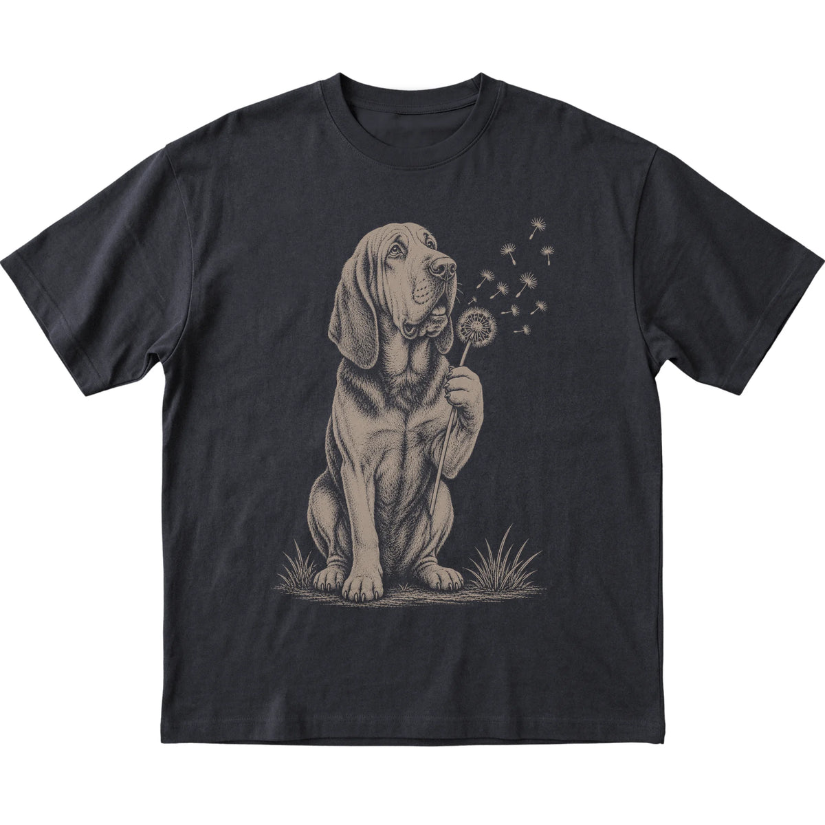 Black T-shirt featuring Dandelion Bloodhound, laid-flat presentation