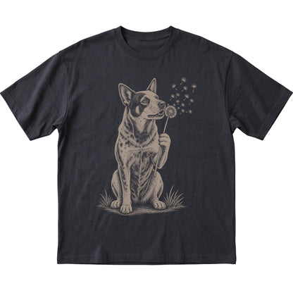 Black T-shirt featuring Dandelion Blue Heeler, laid-flat presentation