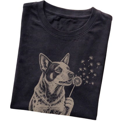 Black T-shirt featuring Dandelion Blue Heeler, folded presentation