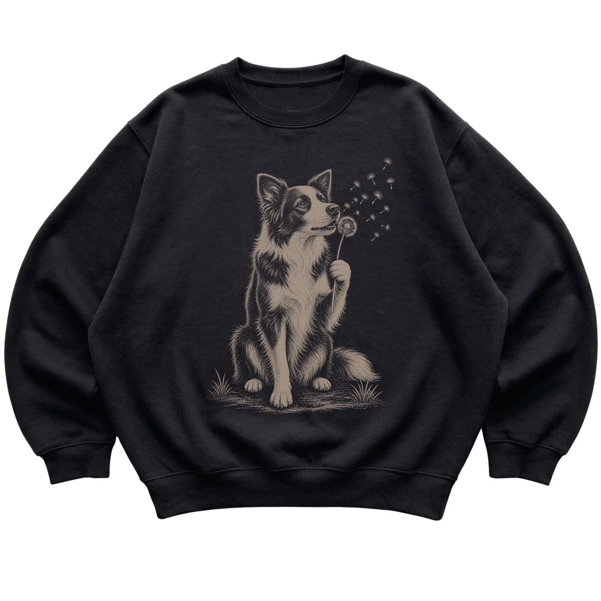 Black crewneck sweatshirt featuring Dandelion Border Collie, laid-flat presentation