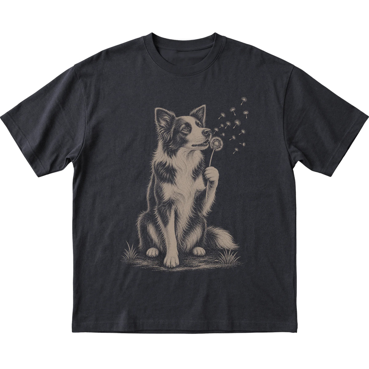 Black T-shirt featuring Dandelion Border Collie, laid-flat presentation