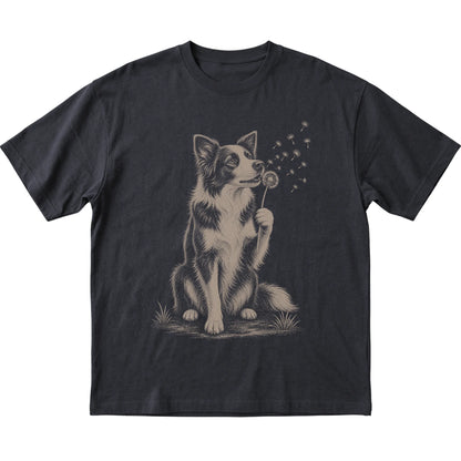 Black T-shirt featuring Dandelion Border Collie, laid-flat presentation