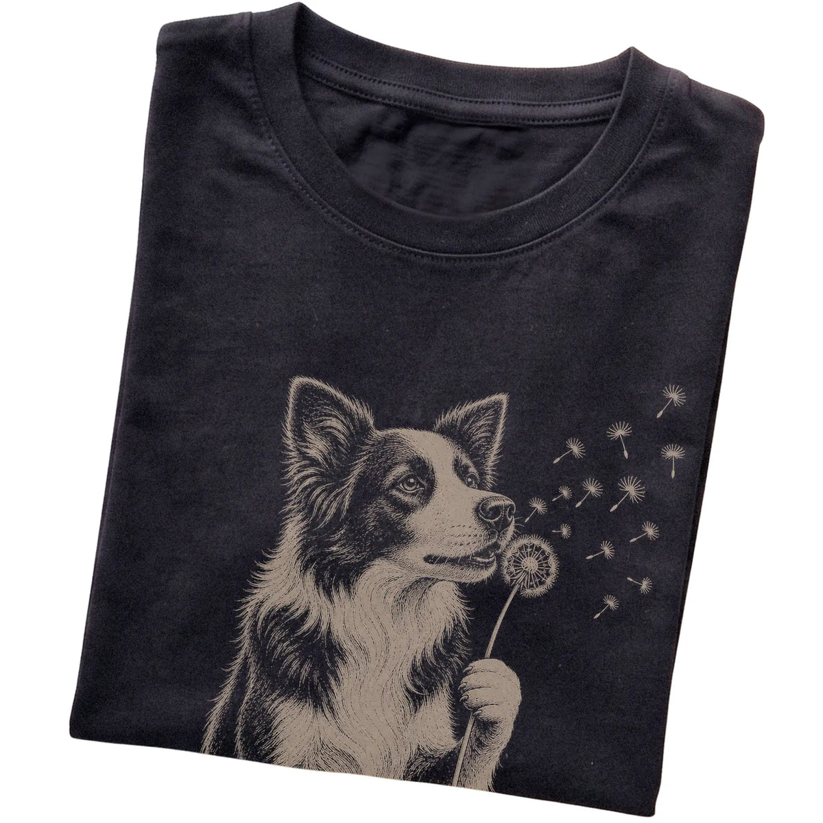 Black T-shirt featuring Dandelion Border Collie, folded presentation