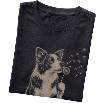 Black T-shirt featuring Dandelion Border Collie, folded presentation