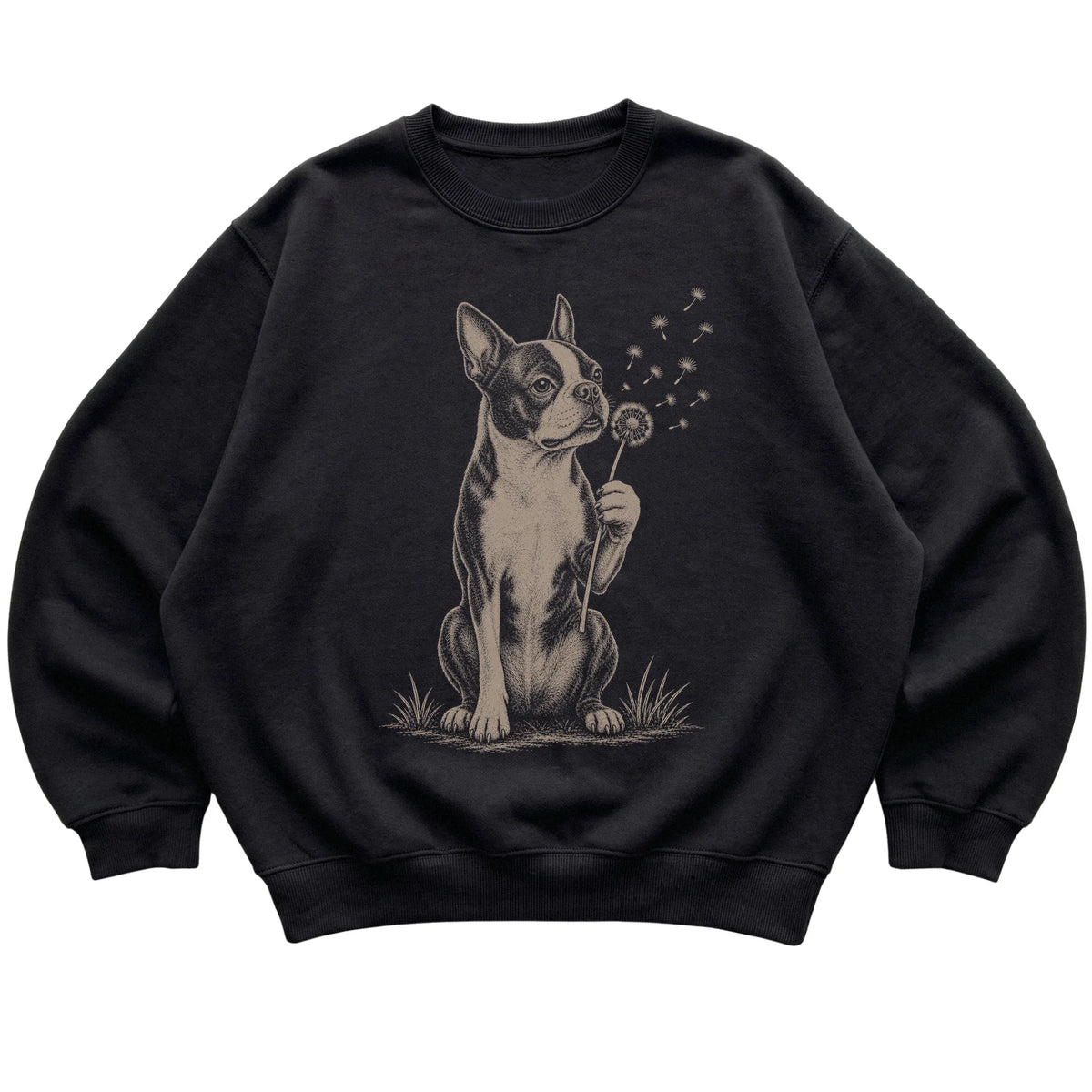 Black crewneck sweatshirt featuring Dandelion Boston Terrier, laid-flat presentation