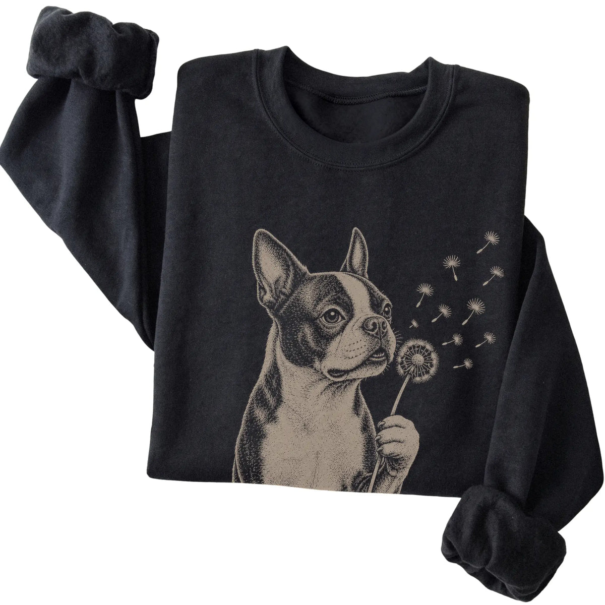 Black crewneck sweatshirt featuring Dandelion Boston Terrier, folded presentation