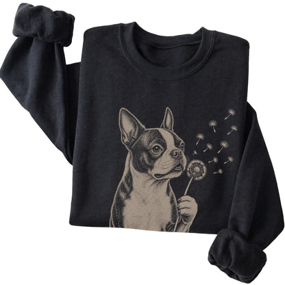 Black crewneck sweatshirt featuring Dandelion Boston Terrier, folded presentation