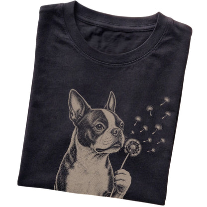 Black T-shirt featuring Dandelion Boston Terrier, folded presentation