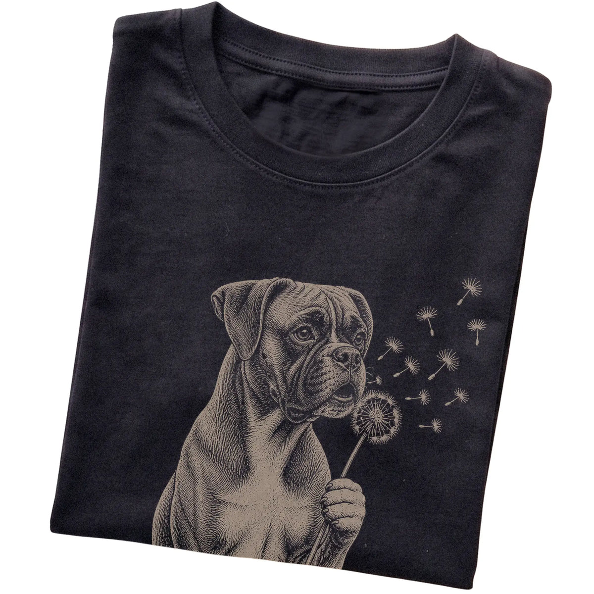 Black T-shirt featuring Dandelion Boxer, folded presentation