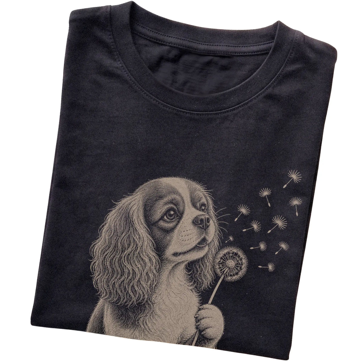 Black T-shirt featuring Dandelion American Bulldog, folded presentation