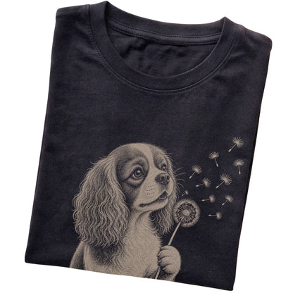 Black T-shirt featuring Dandelion American Bulldog, folded presentation