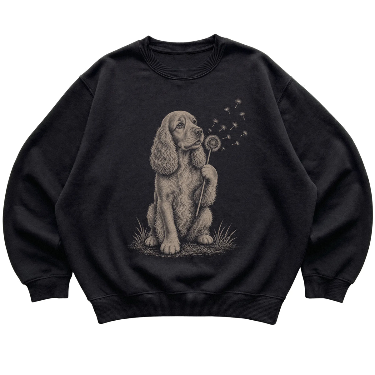 Black crewneck sweatshirt featuring Dandelion Cocker Spaniel, laid-flat presentation