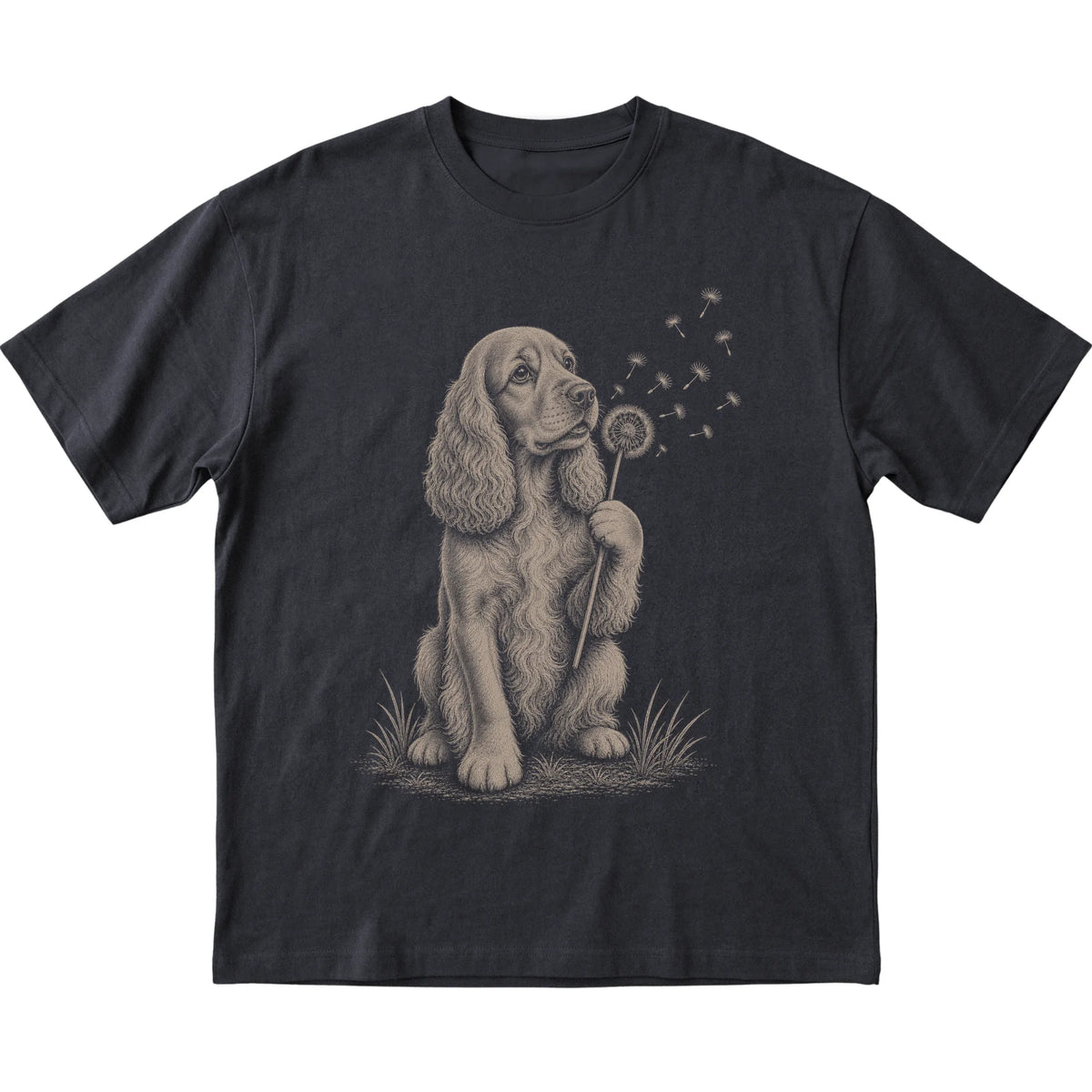 Black T-shirt featuring Dandelion Cocker Spaniel, laid-flat presentation