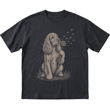 Black T-shirt featuring Dandelion Cocker Spaniel, laid-flat presentation