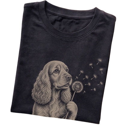 Black T-shirt featuring Dandelion Cocker Spaniel, folded presentation