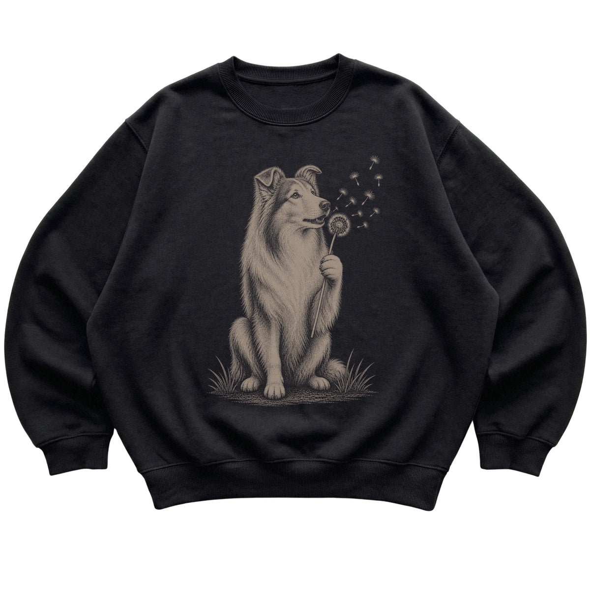 Black crewneck sweatshirt featuring Dandelion Collie, laid-flat presentation