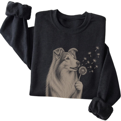 Black crewneck sweatshirt featuring Dandelion Collie, folded presentation