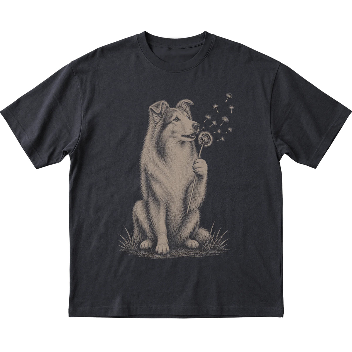 Black T-shirt featuring Dandelion Collie, laid-flat presentation