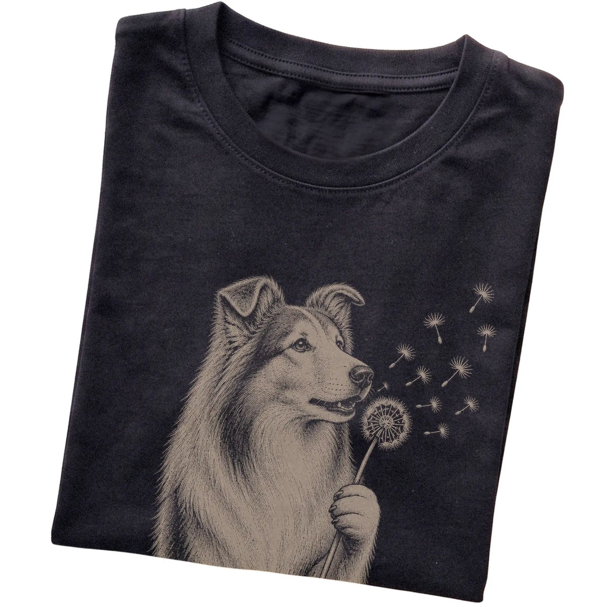 Black T-shirt featuring Dandelion Collie, folded presentation
